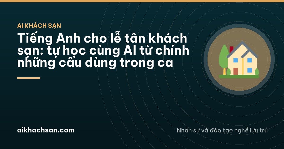 Hotel receptionist in Quang Ngai wearing earphones, practicing speaking quietly in an empty staff room at dusk, notebook closed on the table, seen from behind